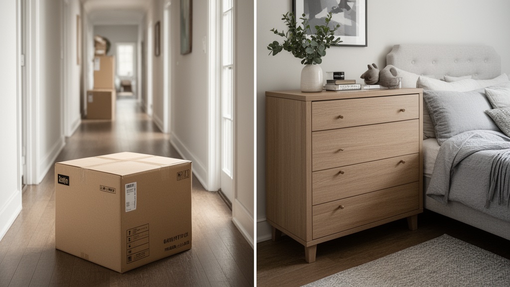 A before-and-after style scene: on one side a hallway with a flat-pack box; on the other, a fully as