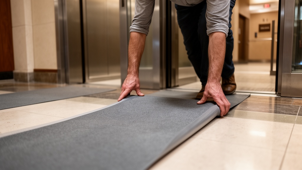 A close-up of a moving crew member placing protective floor runners inside a Boston apartment buildi