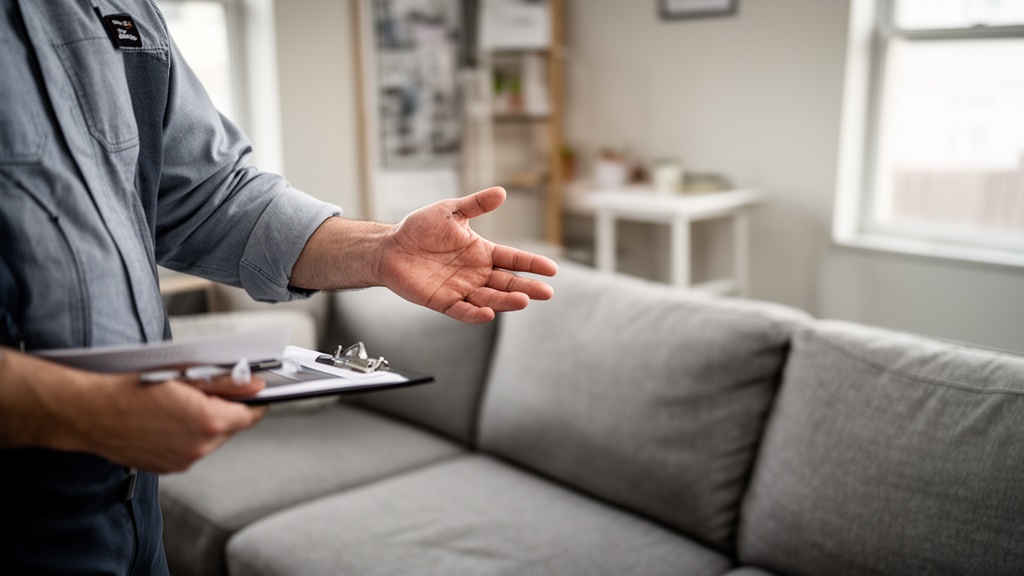 A close-up of a professional mover with a clipboard conducting a walkthrough in a furnished one-bedr