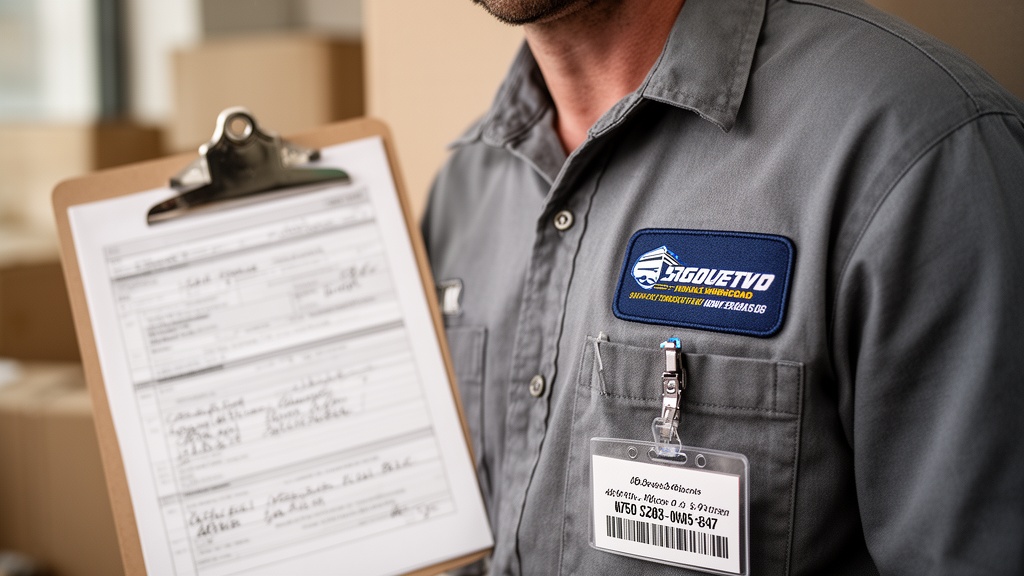 A close-up of a professional mover's uniform showing a company logo patch and an employee ID badge,