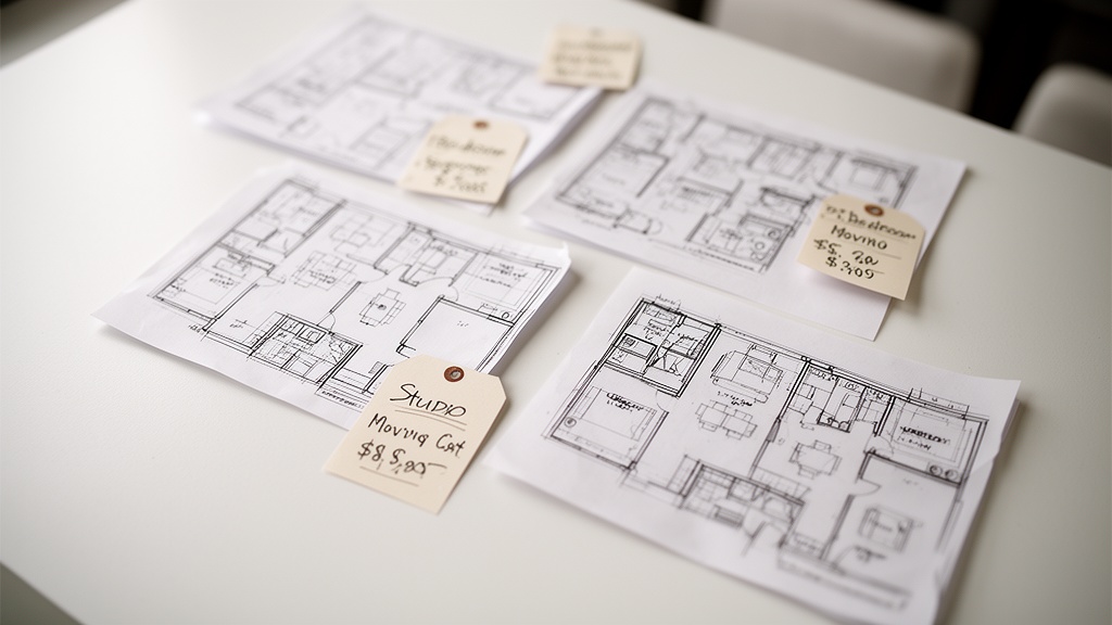 A flat-lay image of four apartment floor plan sketches placed next to handwritten price tags represe