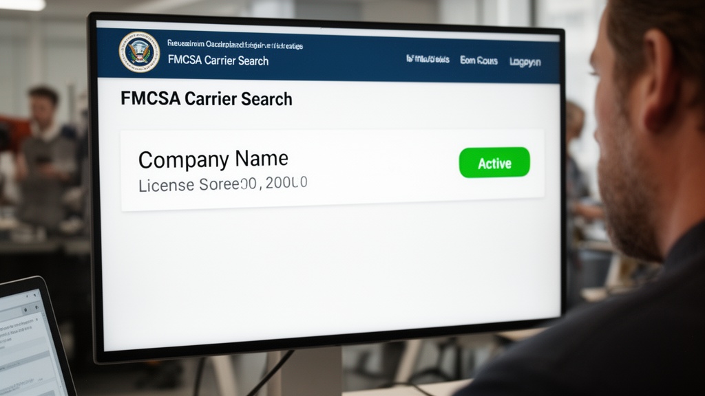 A graphic styled to look like a government FMCSA carrier search result screen showing a company name