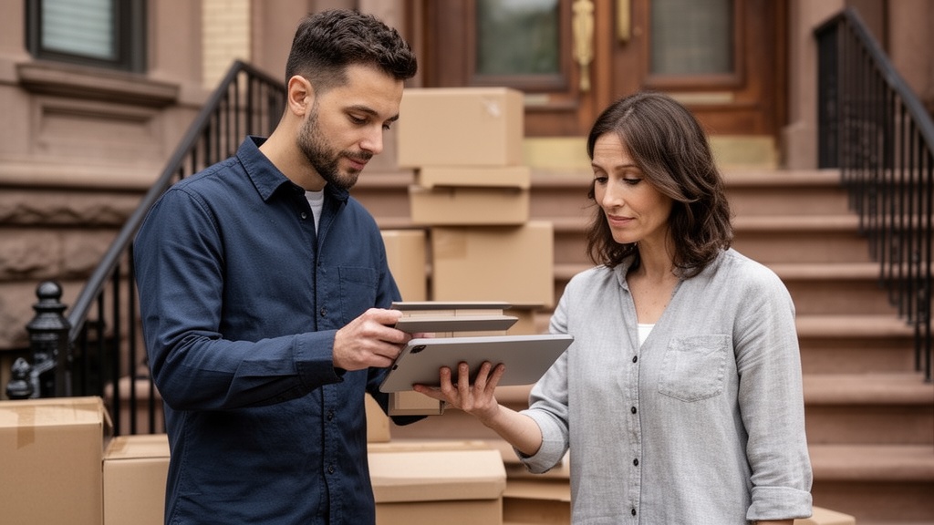A mover and a homeowner standing outside a classic Chicago brownstone reviewing a digital moving inv