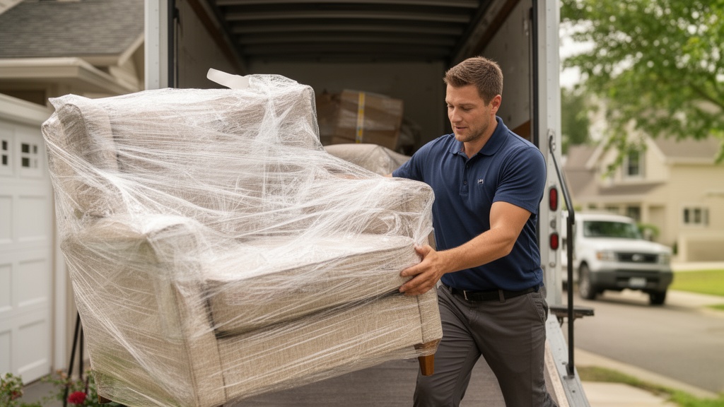 A mover carrying a fully wrapped and padded upholstered armchair down a residential staircase toward