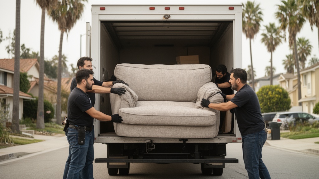A moving crew carefully loading a large sofa through the back of an open moving truck in a residenti