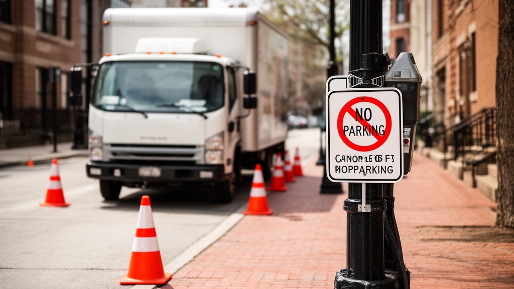 A moving truck with orange traffic cones placed around it and a temporary no-parking sign attached t