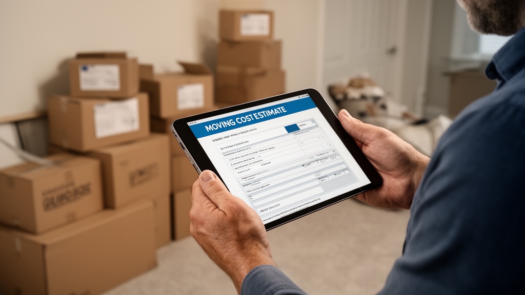 A person holding a digital tablet displaying a moving cost estimate form while standing in a half-pa