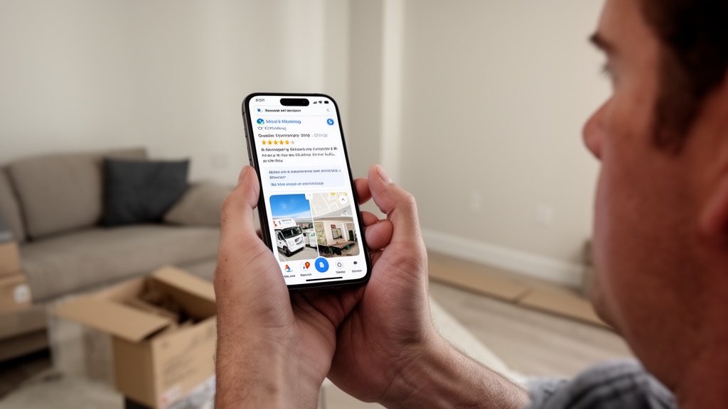 A person holding a smartphone viewing a Google Maps listing for a local moving company, with star ra