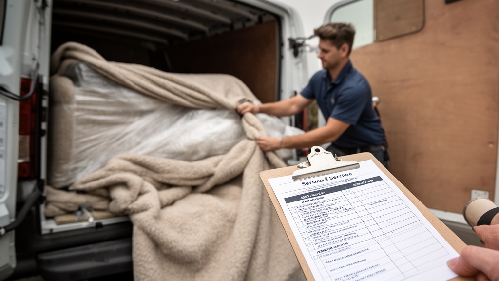 A professional mover wrapping furniture in thick moving blankets near the back of an open truck, a c