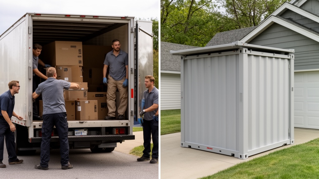A side-by-side comparison graphic concept: on the left, a full moving truck being loaded by a profes