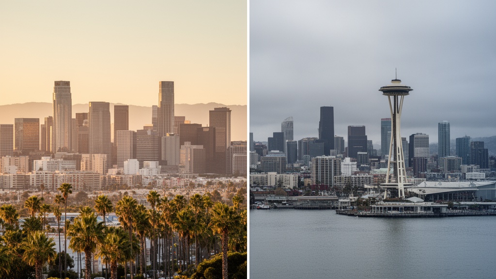 A split-scene image: on the left, the iconic LA skyline with palm trees in warm afternoon light; on 