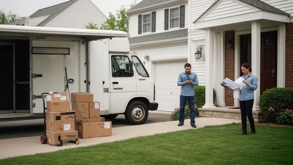 A suburban Quincy street with a moving van parked in a driveway of a colonial-style home, boxes stac
