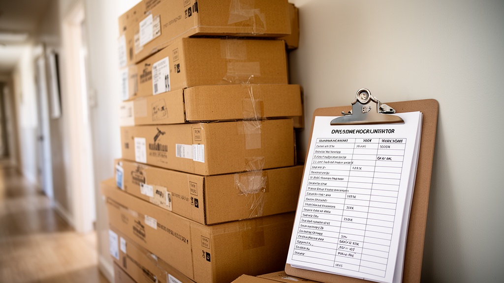 A tall stack of uniformly labeled and sealed moving boxes in a hallway next to a clipboard showing a
