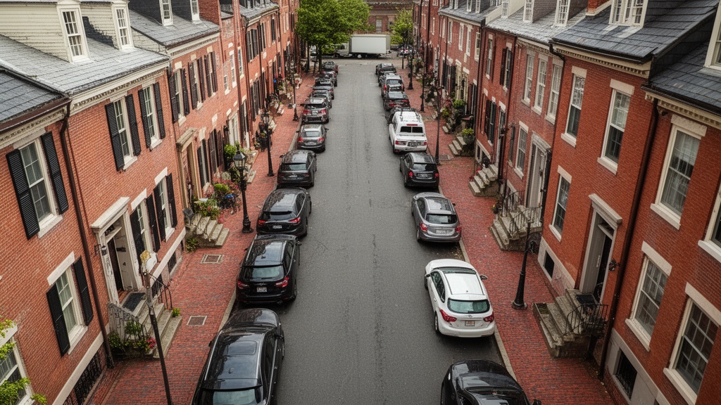 An aerial view of a narrow one-way street in a historic Boston neighborhood lined with parked cars a
