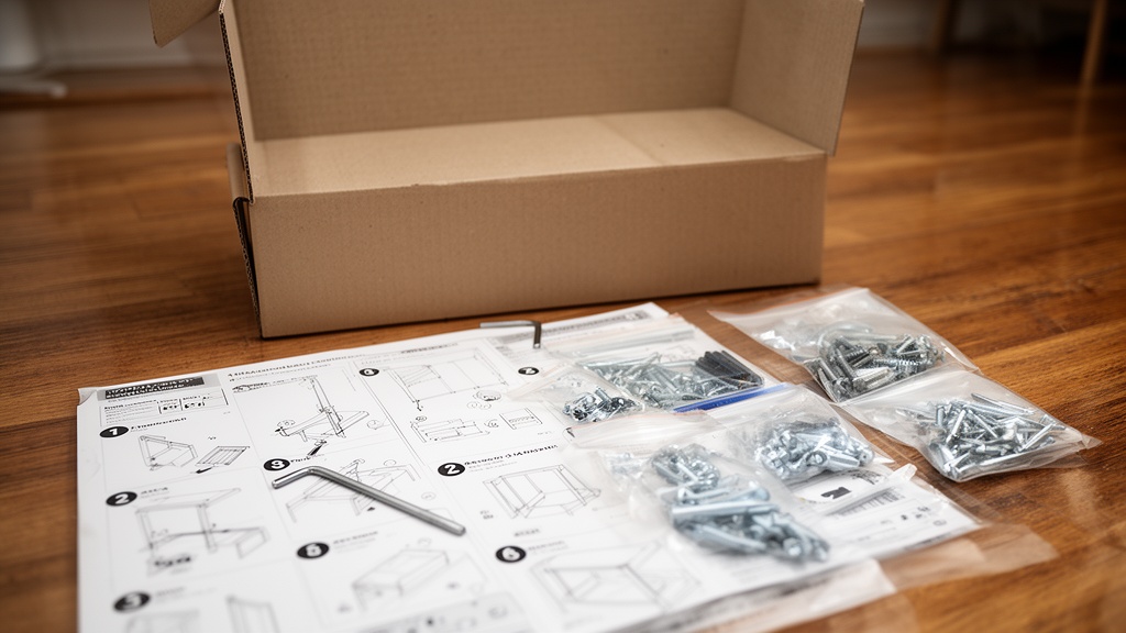 An open flat-pack furniture box on a hardwood floor with instructions spread out, a hex key, and har