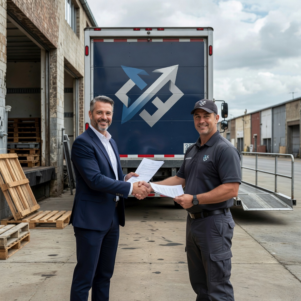 Business owner and mover shake hands, finalizing a commercial moving agreement.