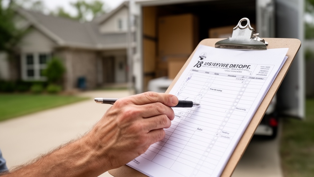 Close-up of a mover's hand checking items off a printed service checklist on a clipboard, with a sub
