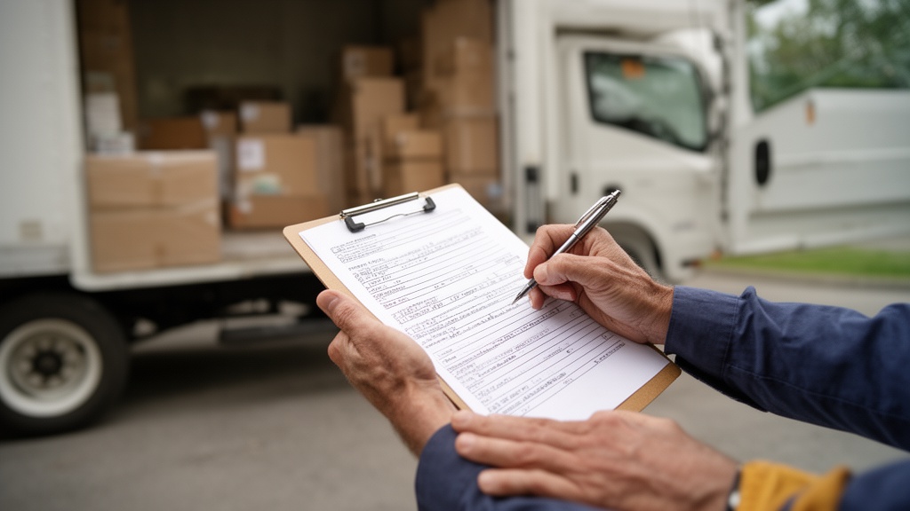 Close-up of a mover's hands reviewing a printed moving contract on a clipboard, pen in hand, with a 