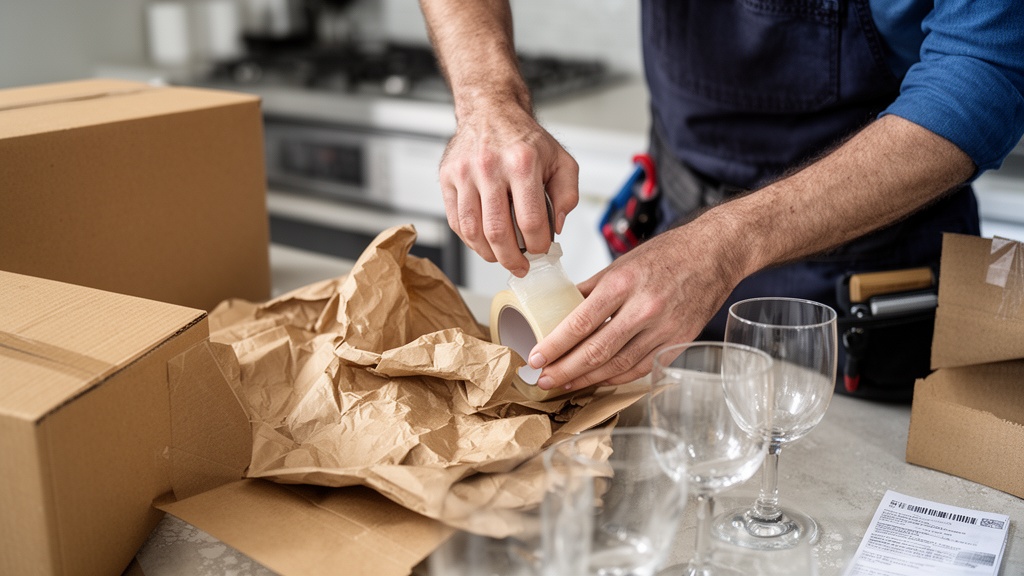 Close-up of a mover's hands using packing tape and brown packing paper to carefully wrap glassware o