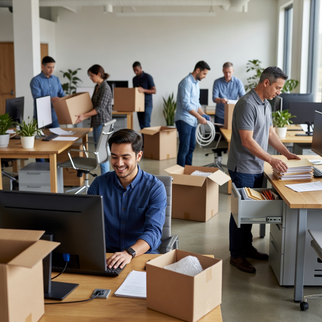 Employees happily unpack and set up their workstations in a newly relocated office.