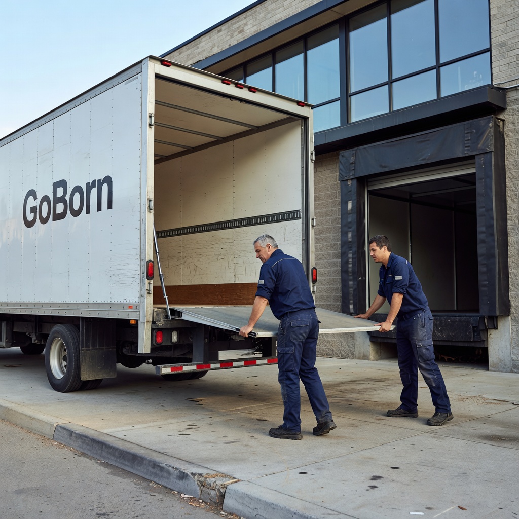 GoBorn commercial moving truck at a loading dock after completing a business relocation.