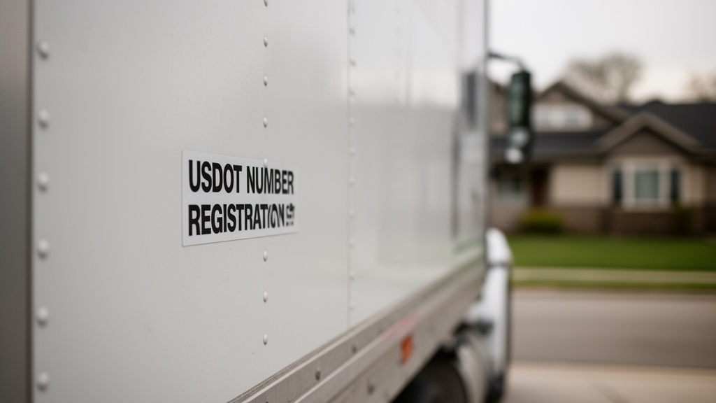A close-up of a USDOT number registration sticker on the side panel of a large moving truck, truck i