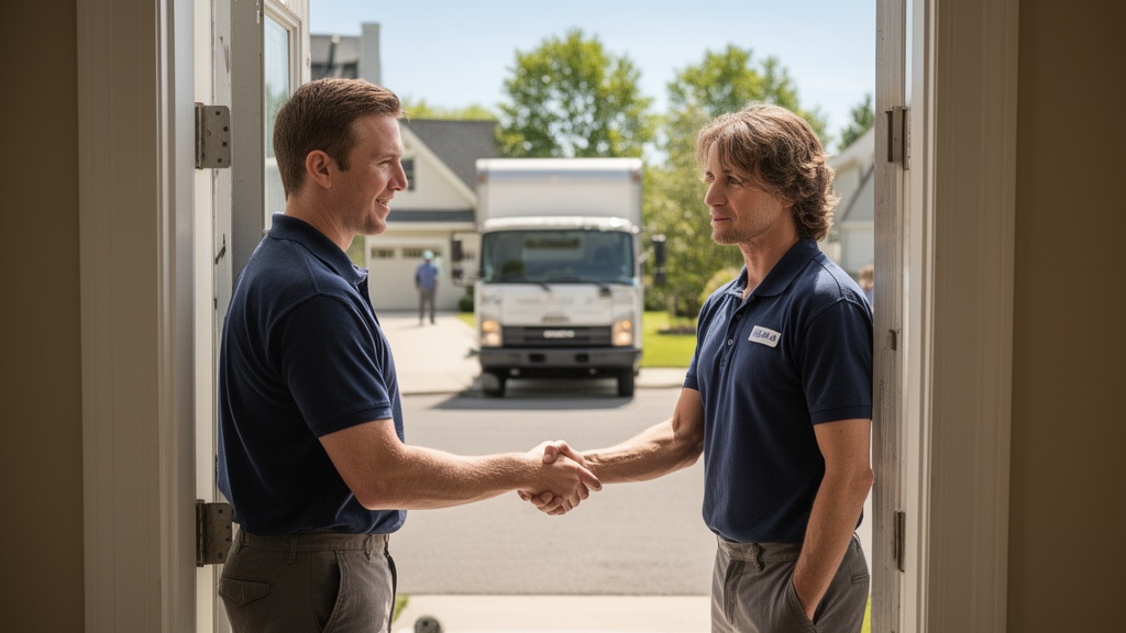 Two professional movers in uniform shaking hands with a homeowner at the front door of a house on a