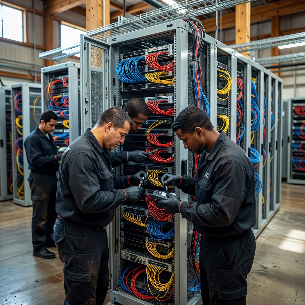 IT technicians meticulously disconnect and label server equipment in a data center.