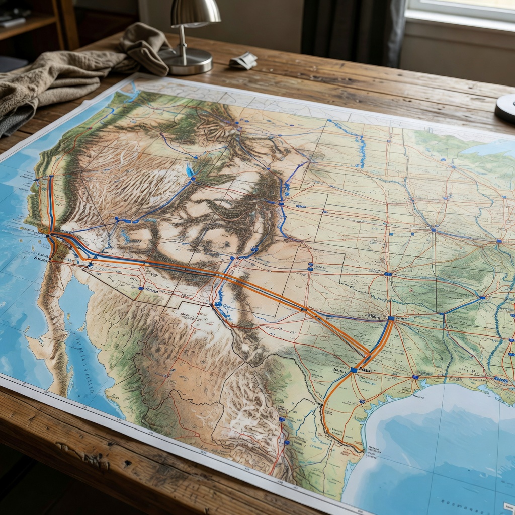 Map of southwestern US showing driving routes from Los Angeles, San Francisco, and San Diego to Houston, Dallas, and Austin