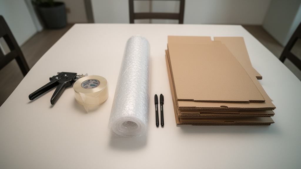 Overhead shot of a clean dining room table with packing supplies laid out in an organized row — tape