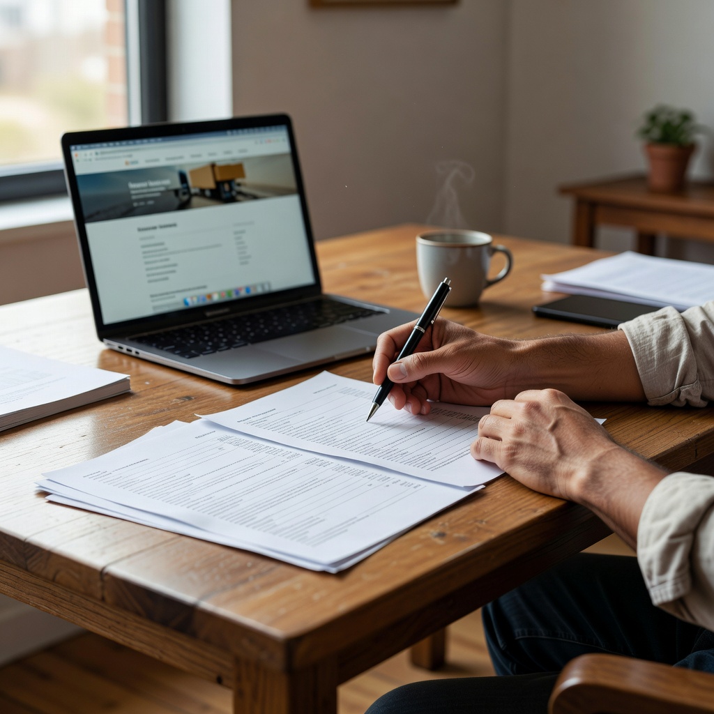 Person reviewing and comparing three printed moving company quotes on a desk with a laptop showing a moving company website