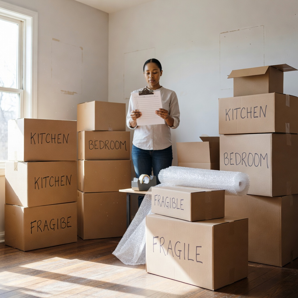 Person reviewing moving checklist on clipboard surrounded by neatly stacked and labeled cardboard moving boxes in a living room prepared for an interstate move