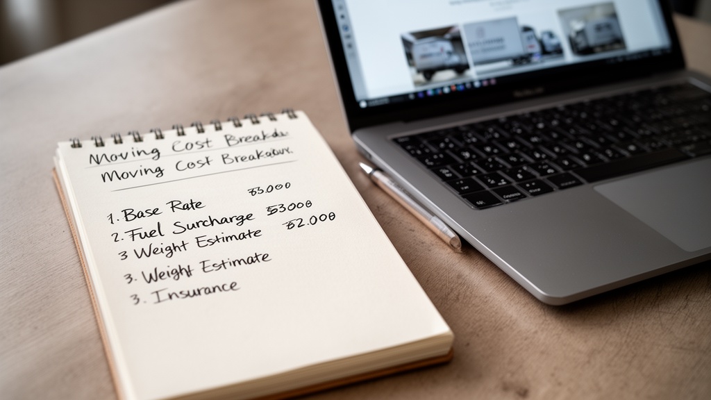 Real-world photo of a notepad with a handwritten itemized moving cost breakdown — base rate, fuel su