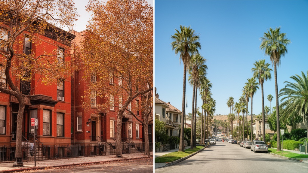 Split-scene photo showing a Chicago urban street with red brick rowhouses and autumn trees on the le