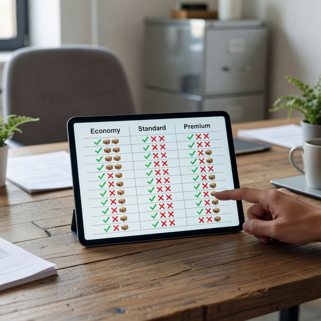 Tablet displaying a comparison table of commercial moving service tiers and features.