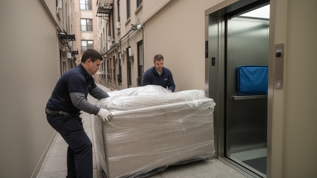 Two movers carefully maneuvering a large wrapped sofa through a narrow Chicago apartment building co