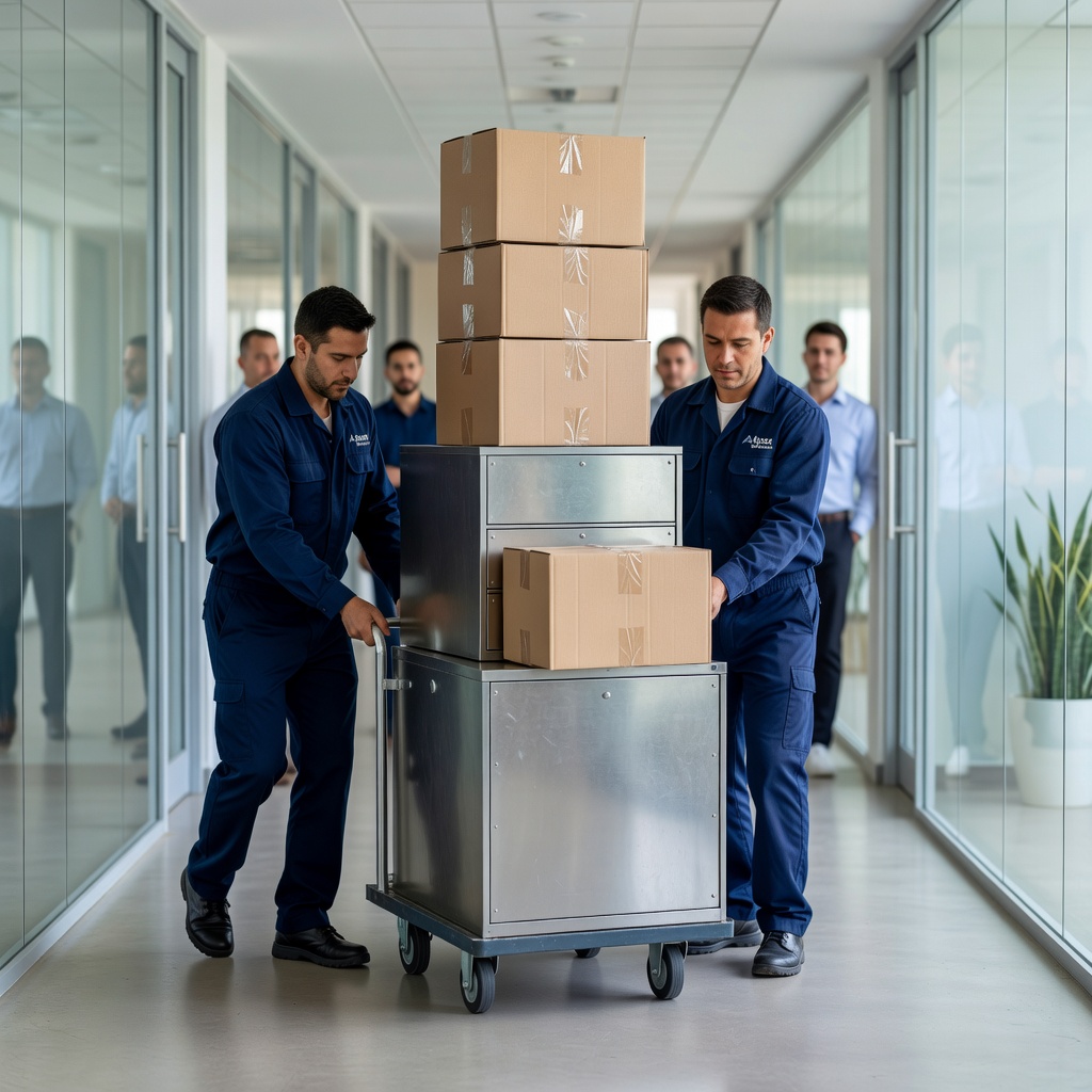 Two movers carefully transport filing cabinets and office boxes down a corporate hallway.