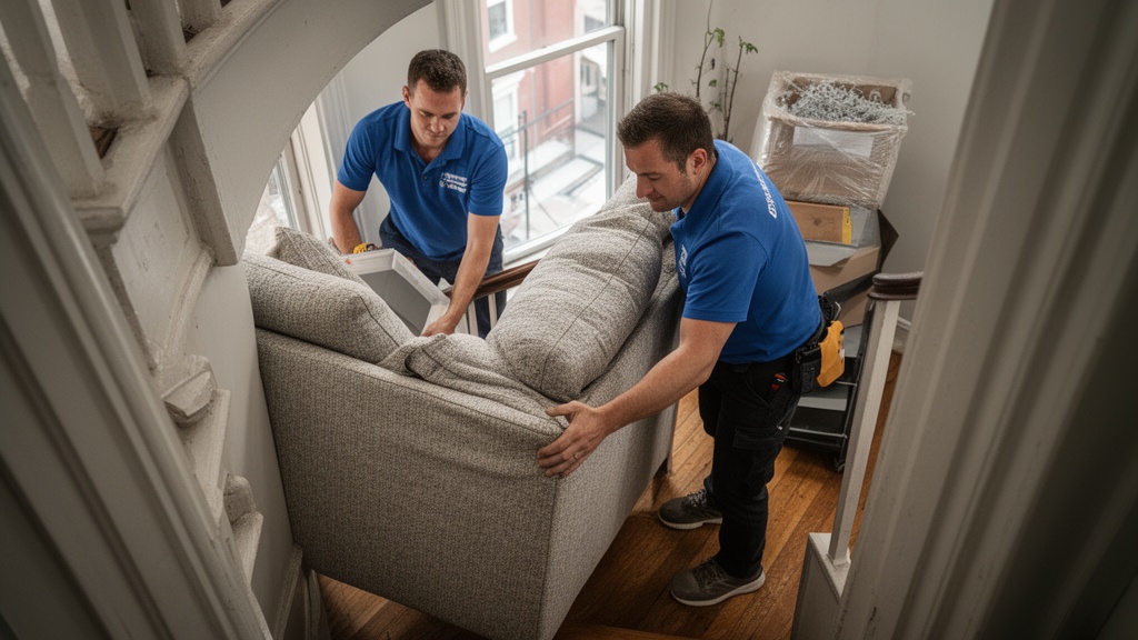 Two movers navigating a tight spiral staircase in a Cambridge triple-decker apartment building, care