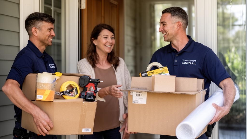 Two professional movers in branded uniforms arriving at a front door carrying packing supplies — tap