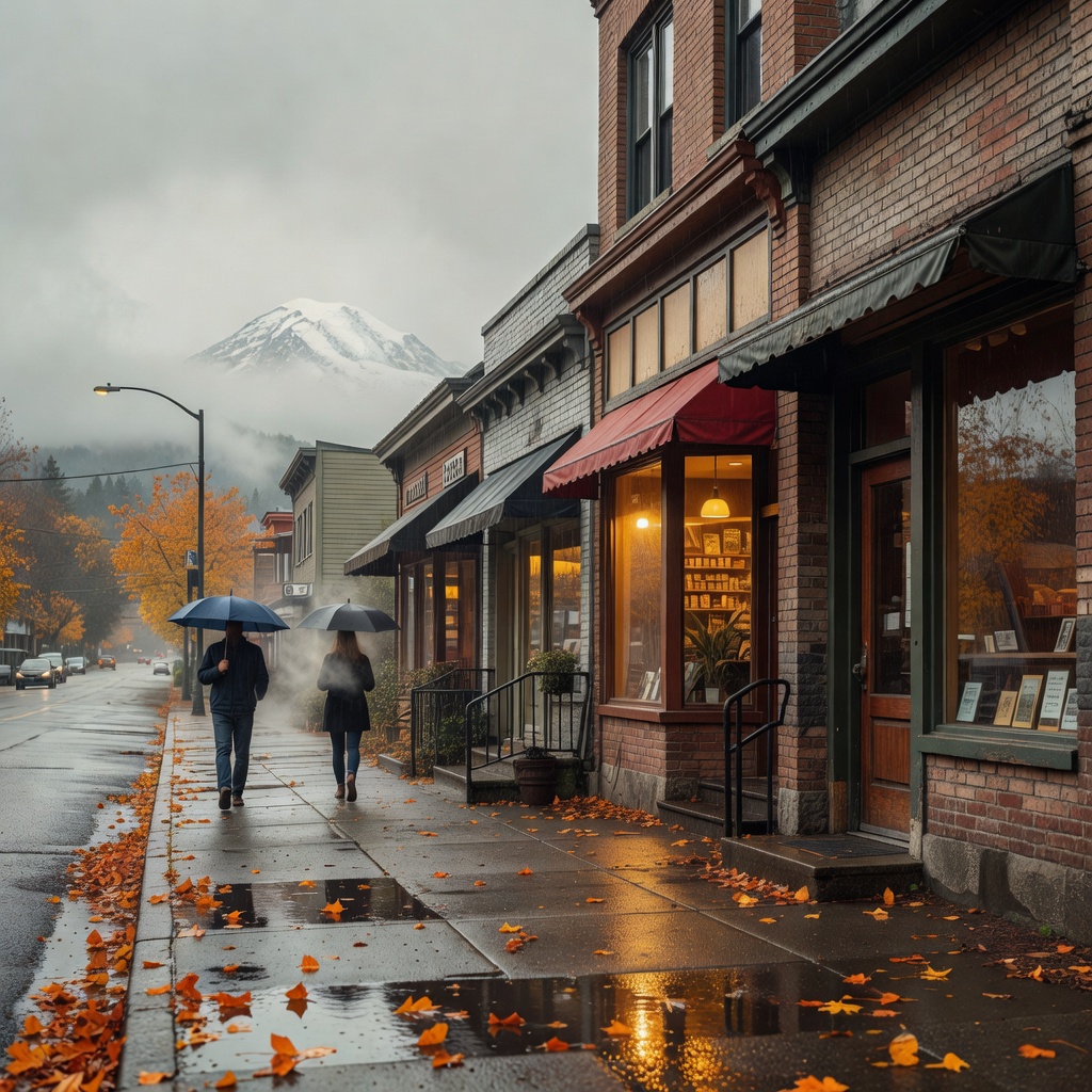 Wet Seattle neighborhood street with brick storefronts, umbrella-carrying pedestrians, and fallen autumn leaves on a grey overcast Pacific Northwest morning