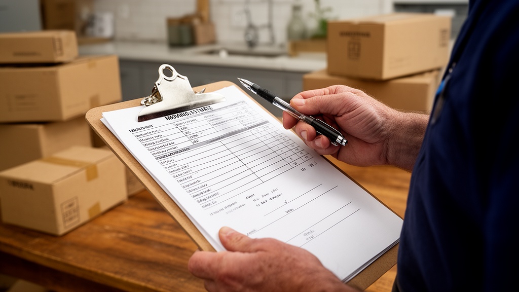 Close-up of a mover holding a clipboard with a printed itemized moving estimate form, a pen resting 