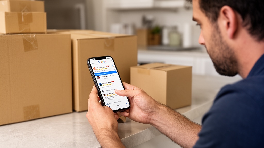 A homeowner on a smartphone scrolling through 5-star Google reviews of a moving company, sitting at