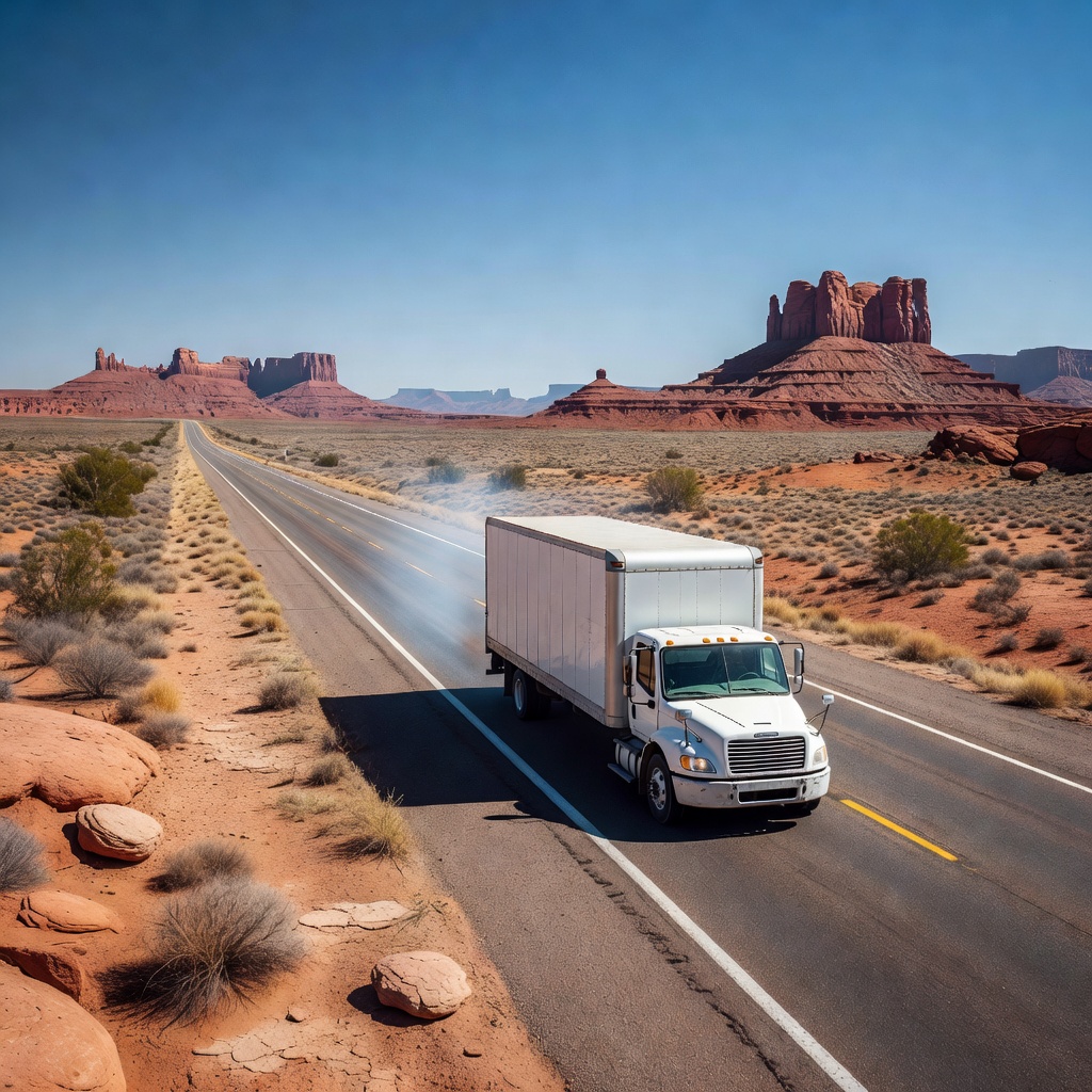 White long-haul moving truck driving through a flat desert highway in the American Southwest under a bright blue sky