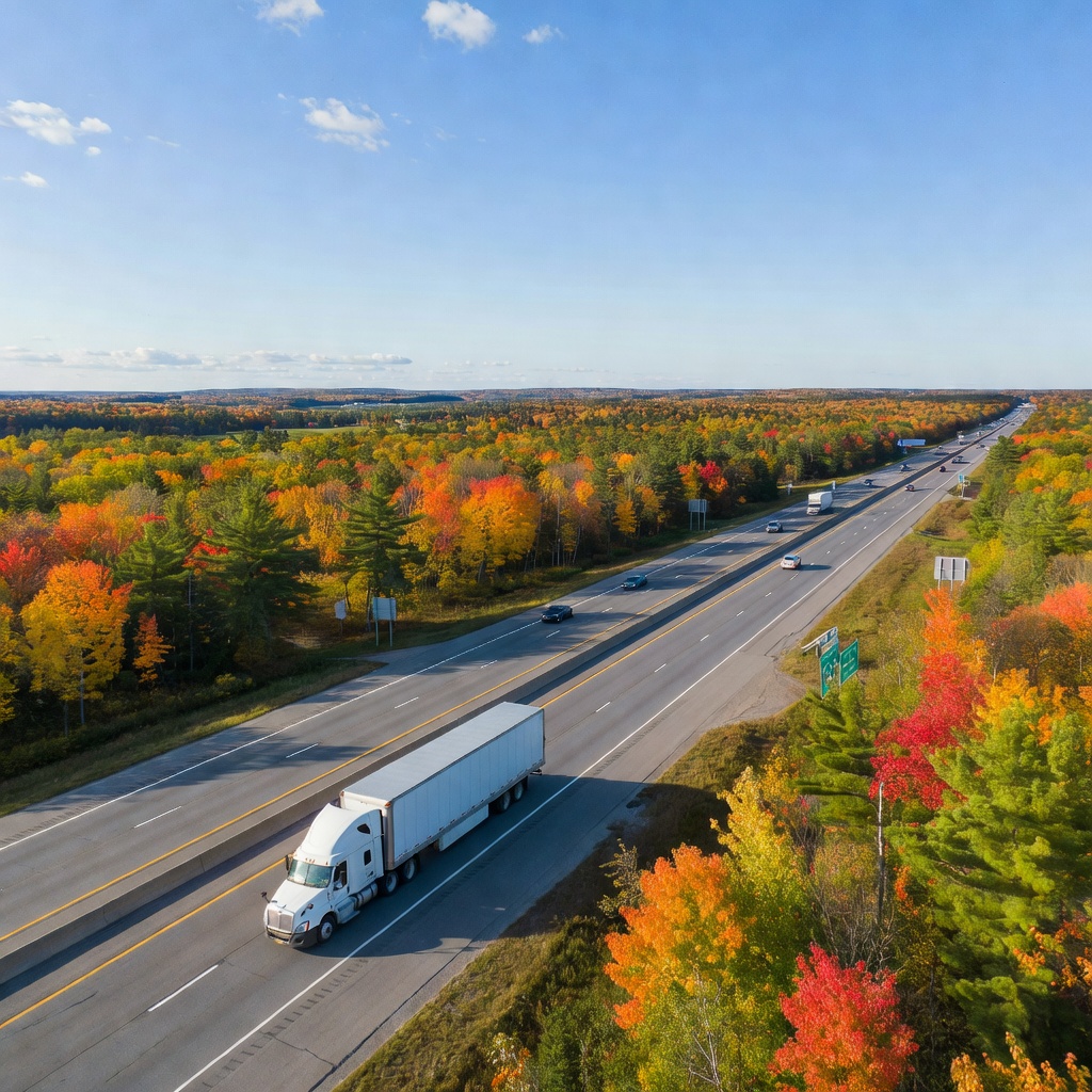 White moving truck driving north on I-95 through New England autumn forest on the Boston to Maine corridor