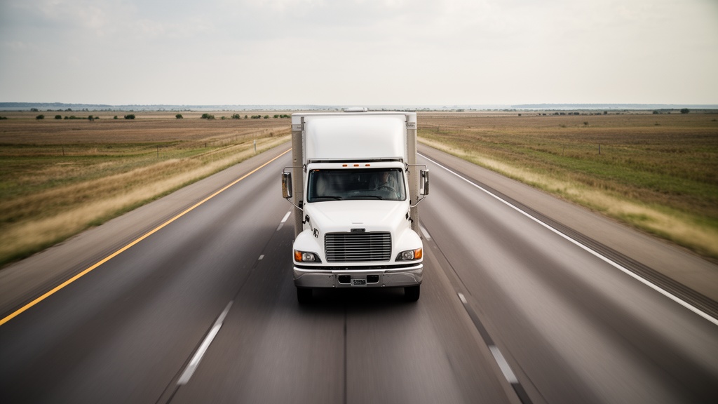 Wide-angle shot of a white moving truck driving on an open multi-lane interstate highway through a f