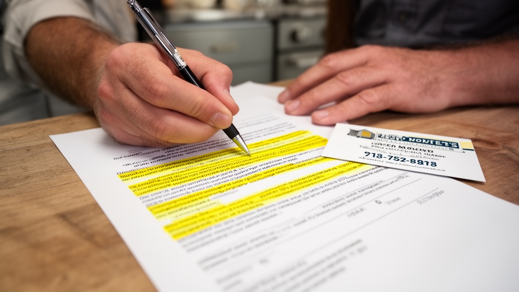 A close-up of a moving contract being signed at a kitchen table with a pen, several key clauses high