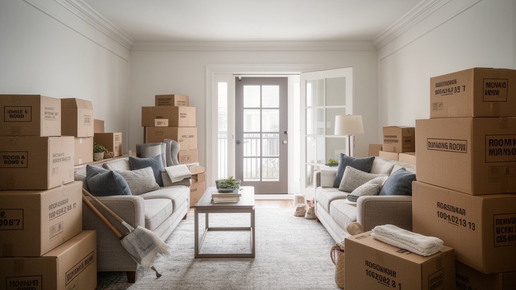 A neatly prepared living room with furniture consolidated in the center, clear pathways to the front