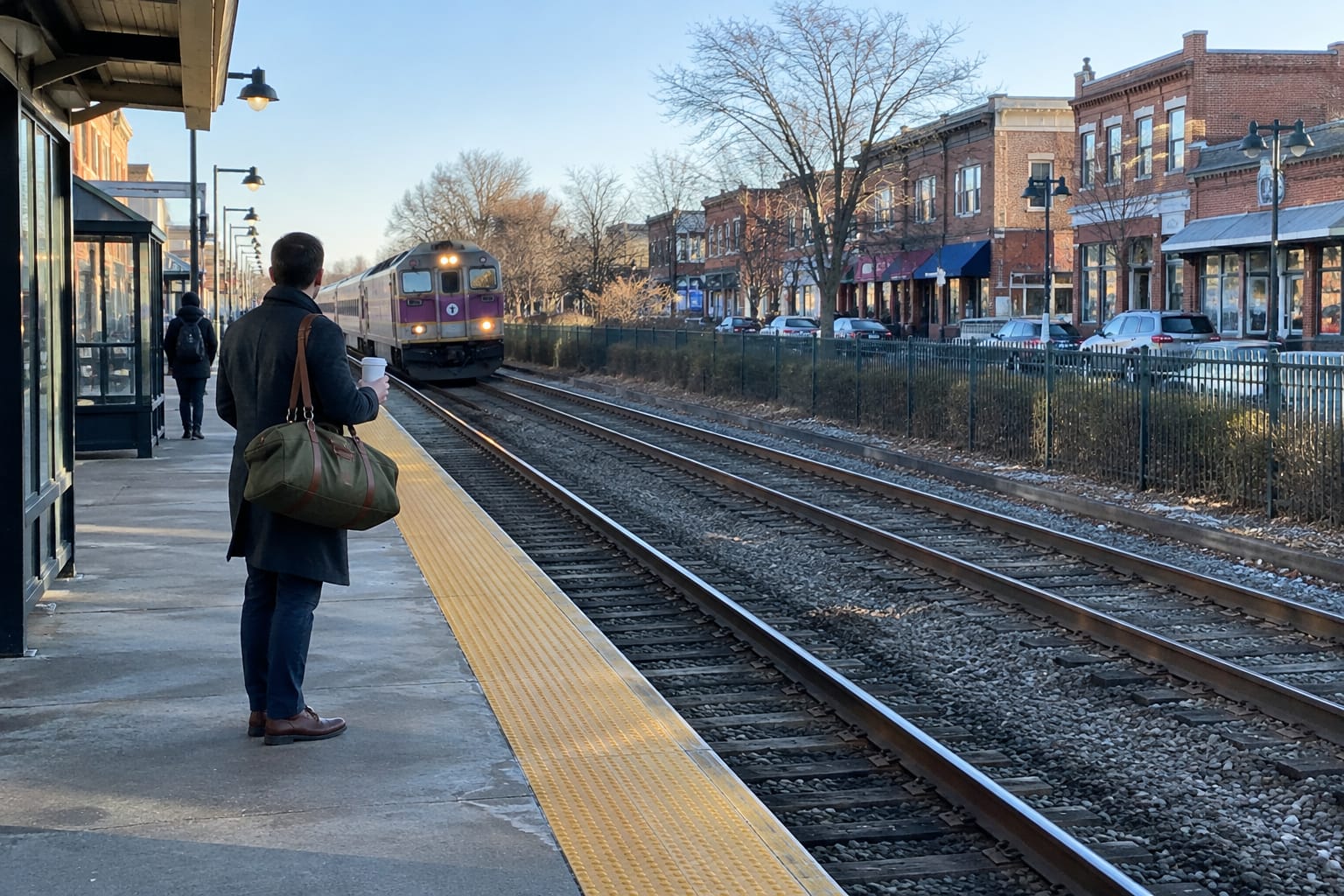 A commuter with a duffel bag waits on the Belmont Center platform as a Fitchburg Line train approaches at dawn.