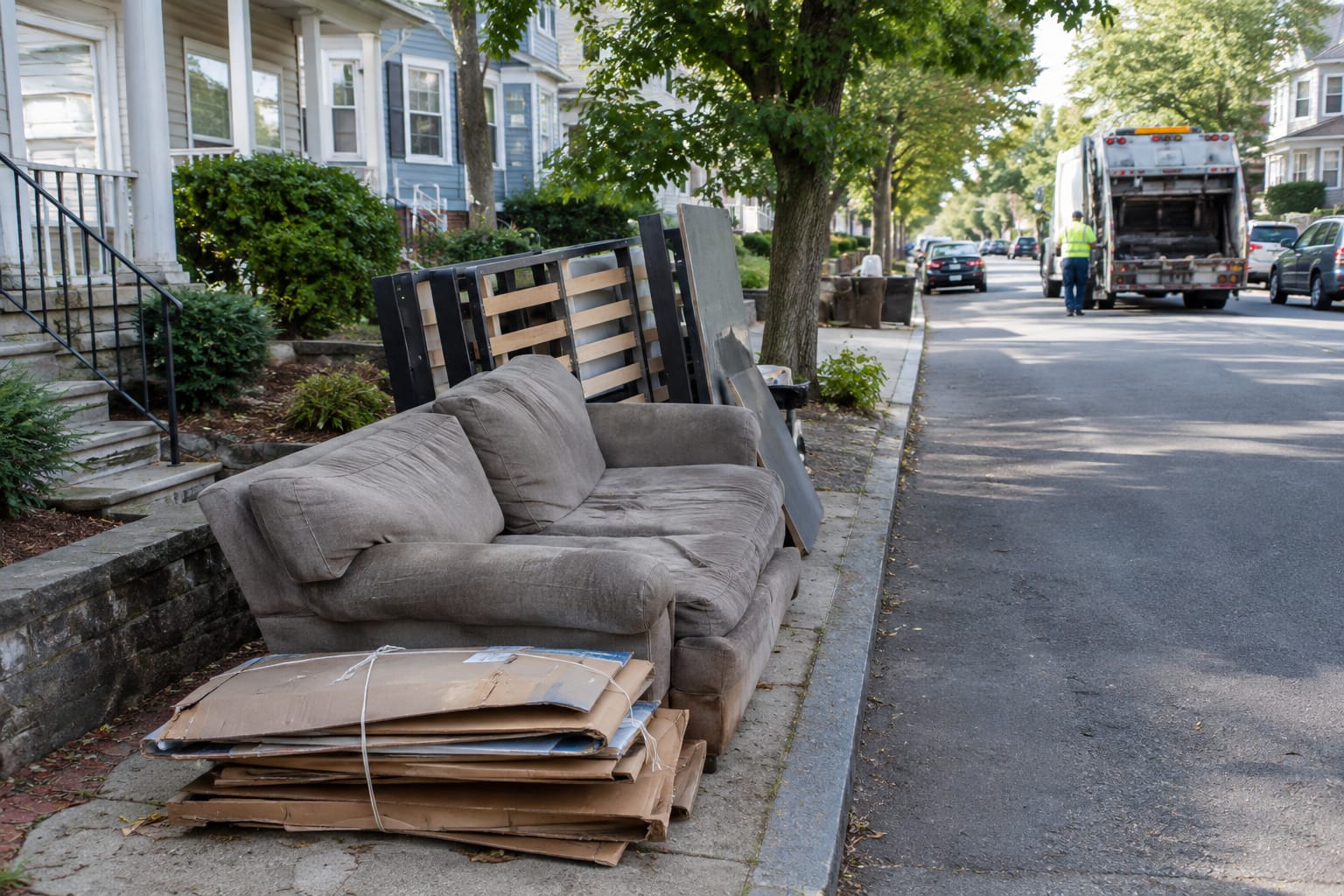 A curbside pile of an old couch, disassembled bed frame, and tied cardboard awaiting a DPW pickup truck down the block.