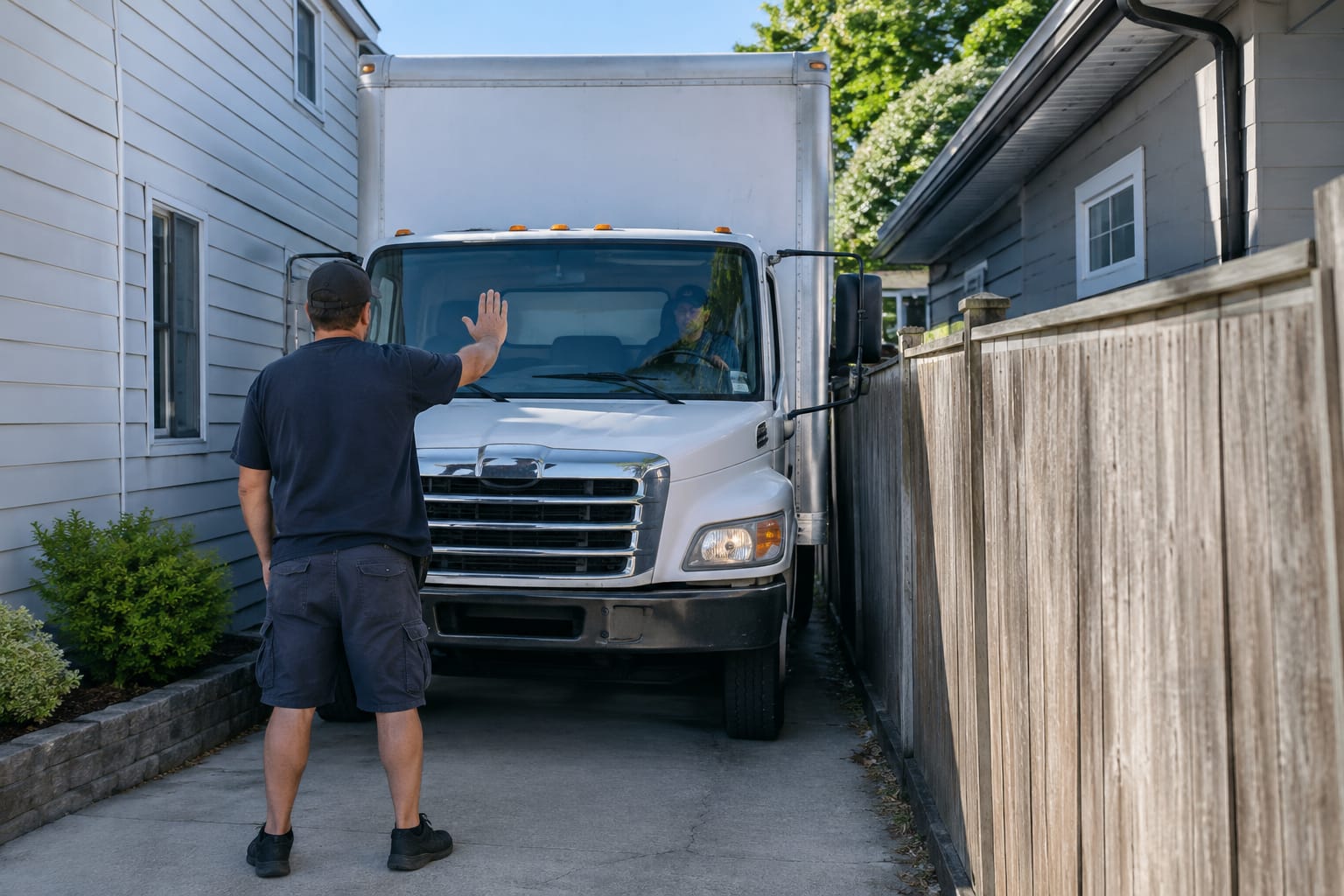 A mover signaling a box truck to stop at a driveway too narrow to enter, side mirror close to a fence.